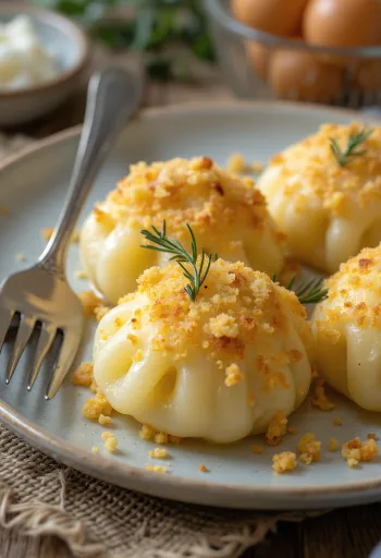 Knödel de papa alemán servido con salsa oscura