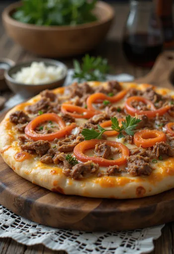 Pizza estilo kazajo con carne de res o caballo