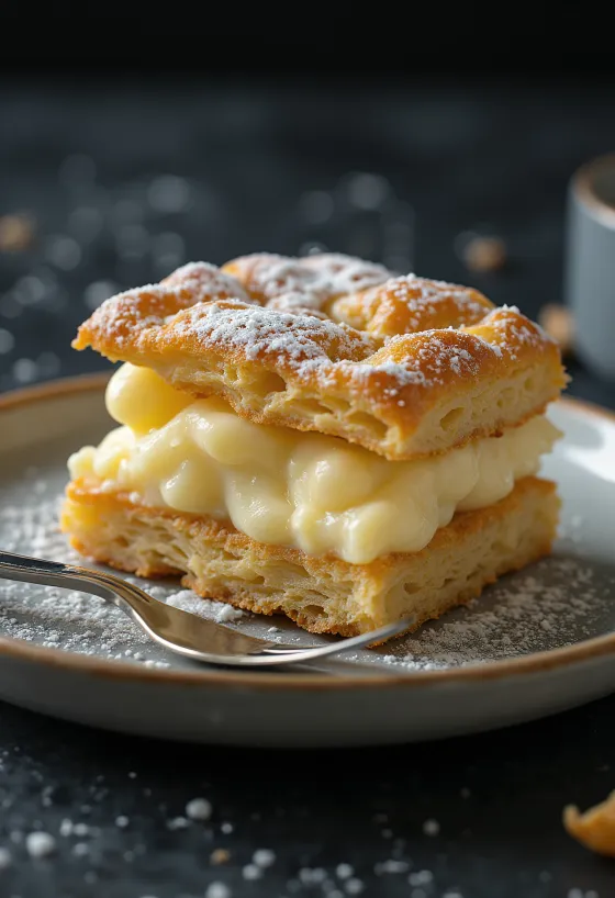 Milhojas de crema de vainilla cortado en rebanadas