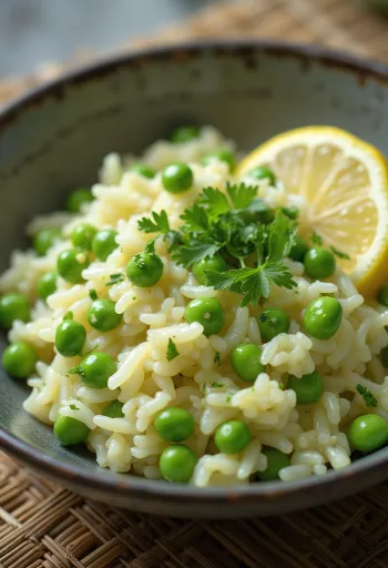 Risotto cremoso vegano de chícharos con perejil fresco