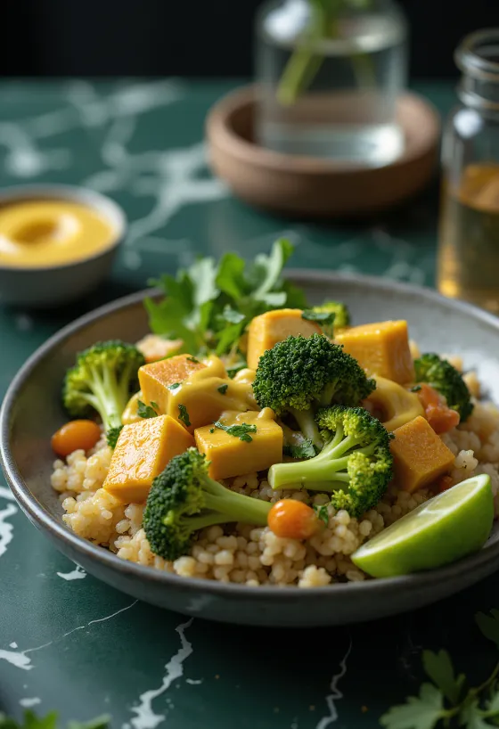 Buddha bowl de brócoli y quinoa con tofu y tahini al curry servido