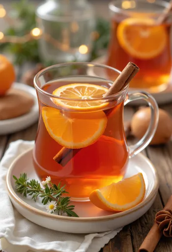 Ponche de canela y jengibre bebida caliente decorada con rodajas de naranja y canela