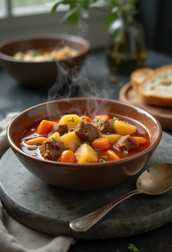 Sopa Goulash tradicional con abundantes trozos de carne y verduras, sazonada con páprika roja.
