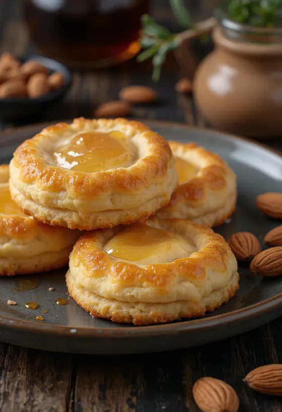 Melomakarona con harina de almendra, empapada en jarabe de miel