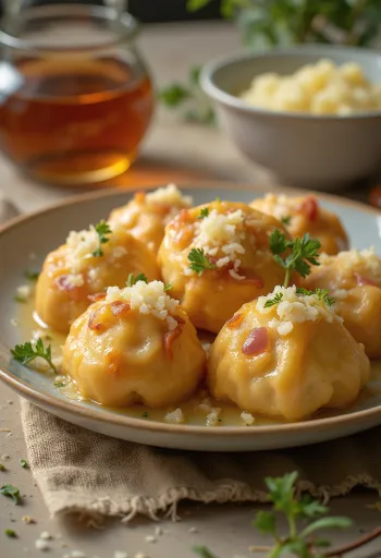 Knödel alemán con carne ahumada servido con mantequilla dorada