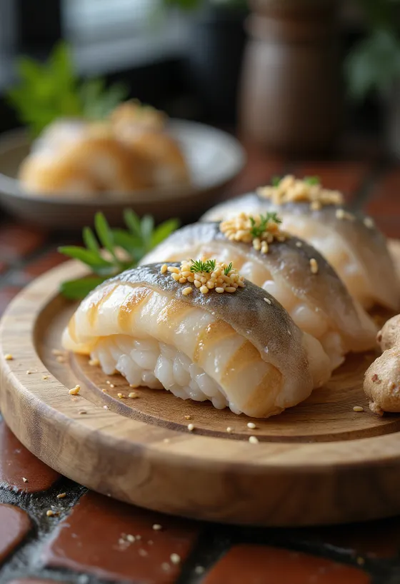 Oshizushi de caballa, decorado con verduras y ajonjolí