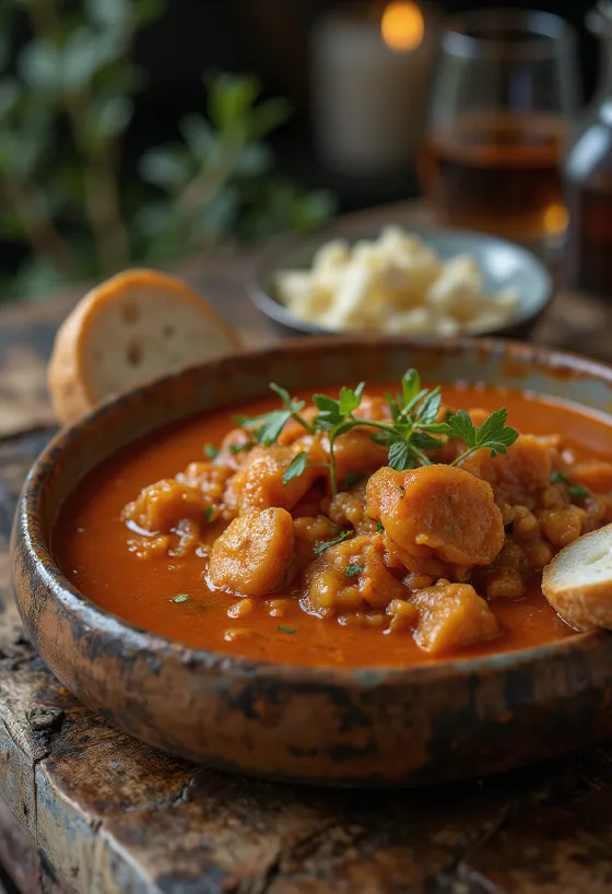 Estofado de panza húngaro tradicional servido con verduras y pan fresco