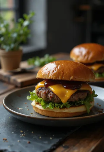 Hamburguesa de cerdo con carne a la parrilla y salsa BBQ