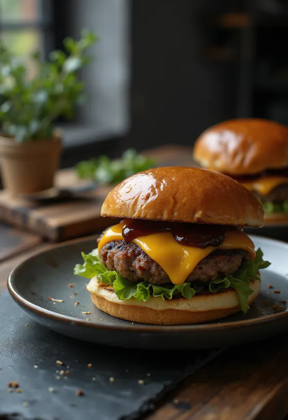 Hamburguesa de cerdo con carne a la parrilla y salsa BBQ