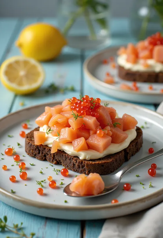 Skagenröra con salmón, decorado con eneldo y caviar