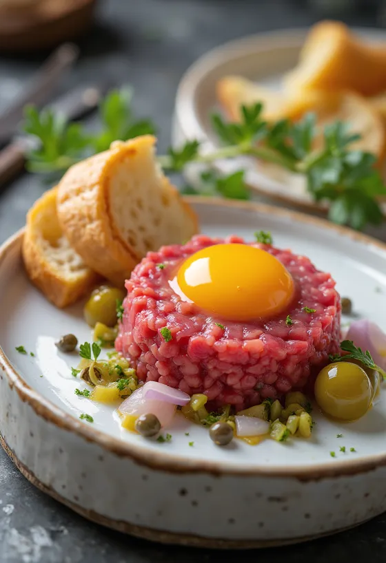 Steak Tartare servido con yema de huevo y pan tostado
