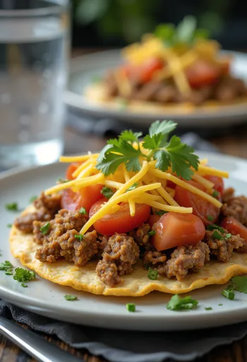 Tostada de carne molida, tortilla crujiente decorada con queso y cilantro