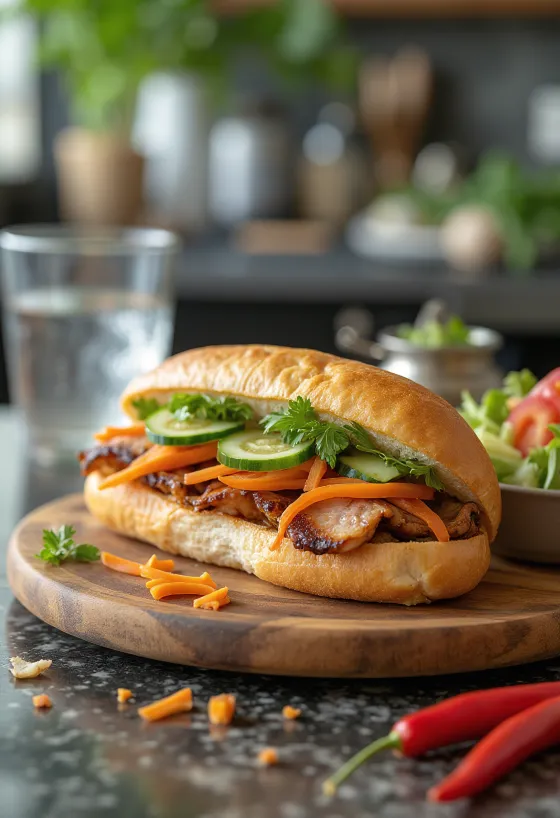 Sándwich Bánh Mì Thịt de cerdo asado servido con verduras frescas y cilantro.