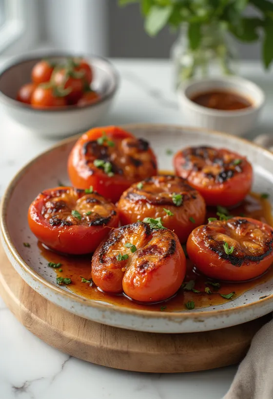 Jitomates asados al BBQ servidos