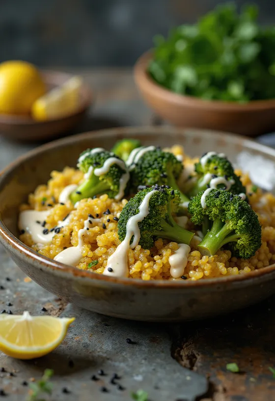 Buddha bowl de quinoa y curry de brócoli con tahini de limón servido