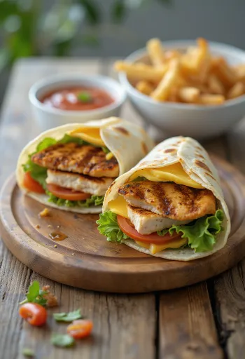Wrap de pollo con verduras frescas, pechuga a la parrilla y aderezo de yogur