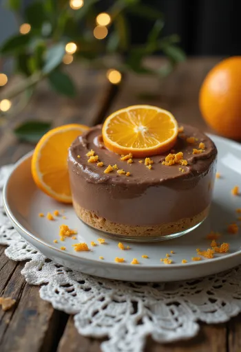 Pastel de mousse de chocolate y naranja servido en rebanadas