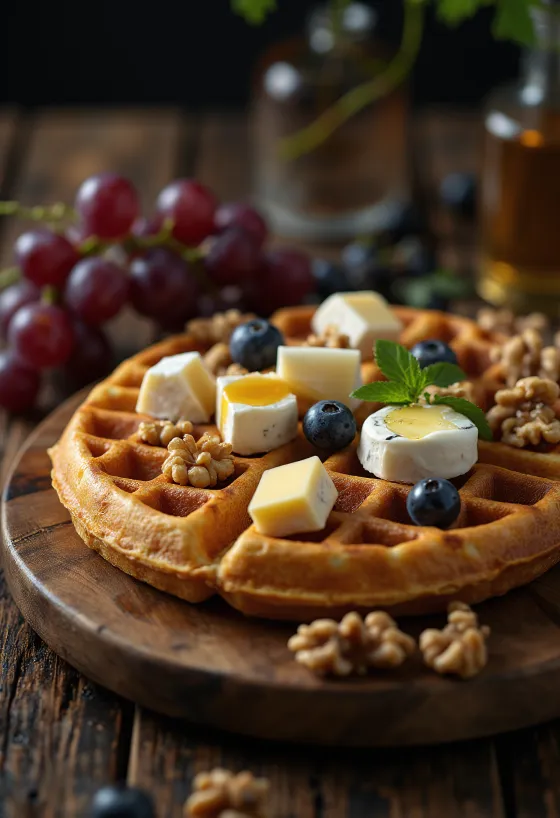 Waffles estilo tabla de quesos francesa con camembert, brie, queso azul, nuez y miel