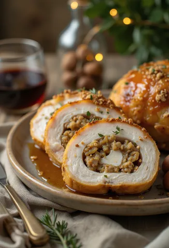 Rebanadas de pechuga de pavo jugosas rellenas de castaña, servidas con verduras.