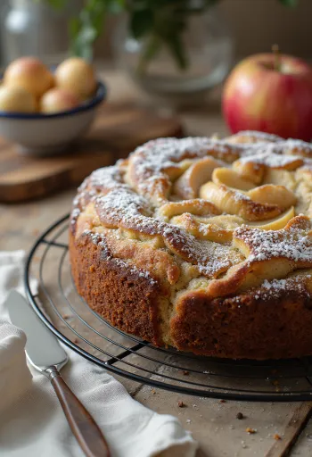 Pastel de amapola y manzana servido