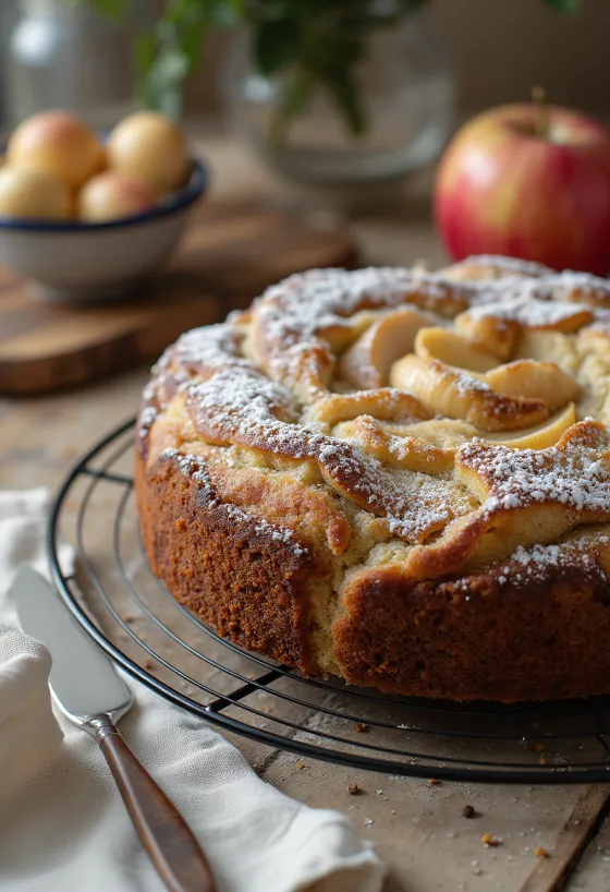 Pastel de amapola y manzana servido