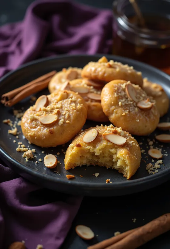 Galleta Melomakarona decorada con almendra, empapada en jarabe de miel, servida
