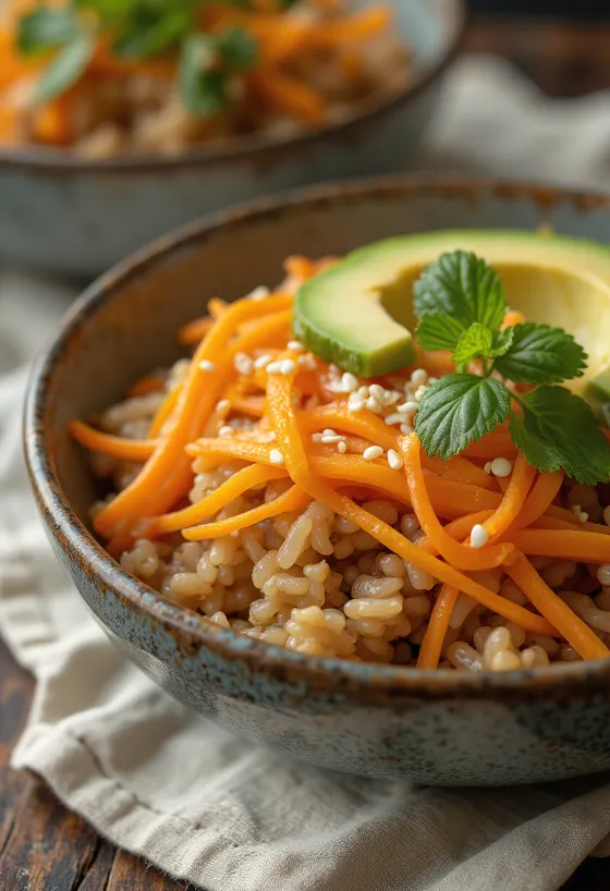 Buddha bowl de naranja con verduras frescas y arroz integral