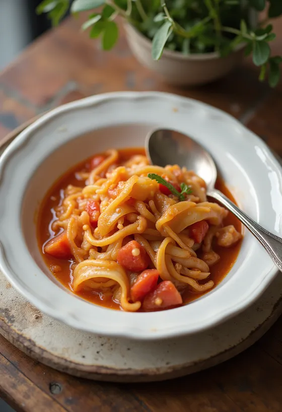 Guisado de col en salsa de jitomate servido con eneldo fresco y albóndigas jugosas.