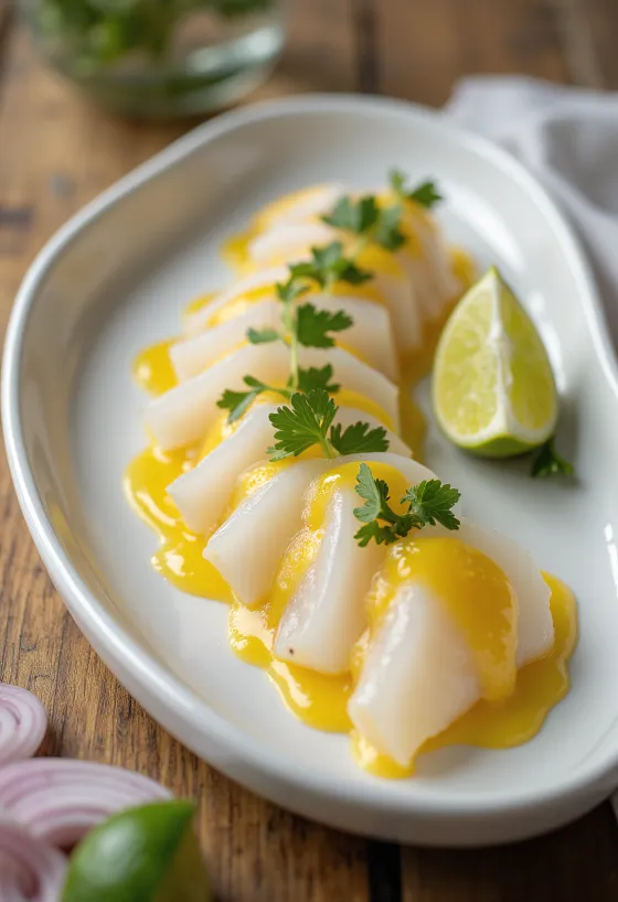 Tiradito clásico, pescado fresco servido con jugo de limón y especias