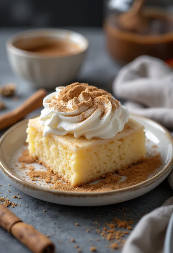 Tres leches especiado, bizcocho empapado en leche en plato blanco