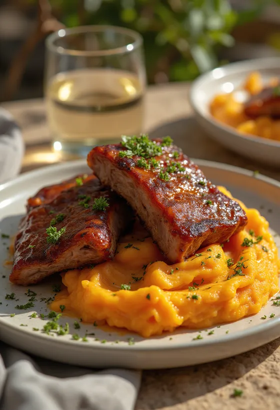 Costillas BBQ con camote servidas