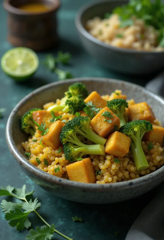 Buddha bowl de curry de brócoli y quinoa con tofu al limón servido