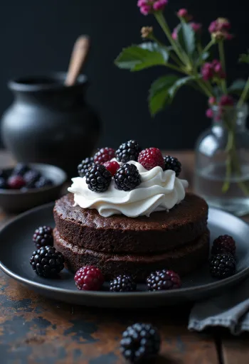 Pastel de chocolate con zarzamora y frutas frescas