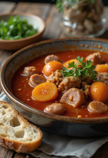 Sopa Goulash con salchicha ahumada, papas y perejil fresco