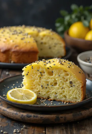 Pastel de amapola con limón servido