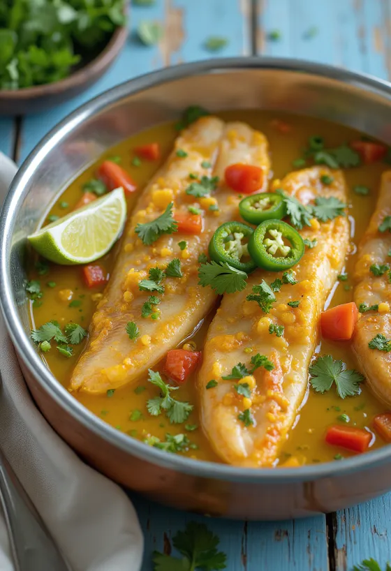Masor Tenga con tamarindo, un tazón de pescado servido con pasta de tamarindo y cilantro fresco