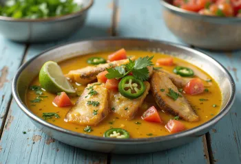 Masor Tenga con tamarindo, un tazón de pescado servido con pasta de tamarindo y cilantro fresco