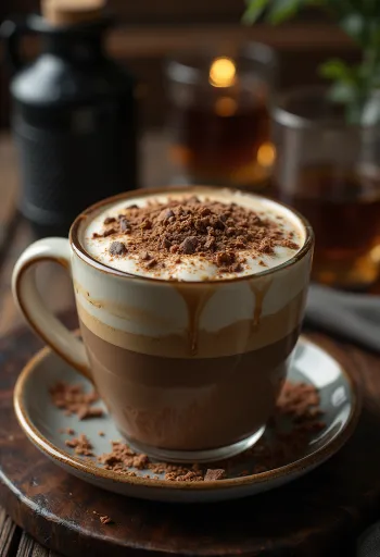 Latte de miel y chocolate bebida cremosa de café decorada con crema batida y virutas de chocolate