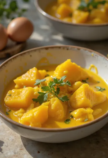Curry de berenjena con camote servido