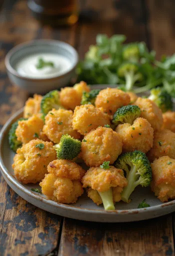 Brócoli empanizado crujiente y dorado, servido en un plato con rodajas de limón fresco.