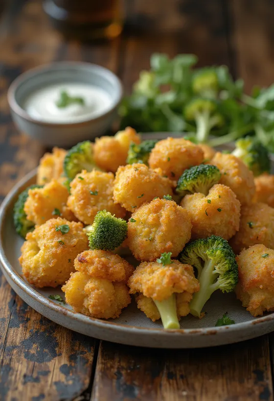 Brócoli empanizado crujiente y dorado, servido en un plato con rodajas de limón fresco.