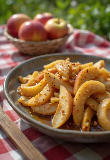 Shogayaki con manzana, servido con pollo y manzana, con aderezo de salsa de soya