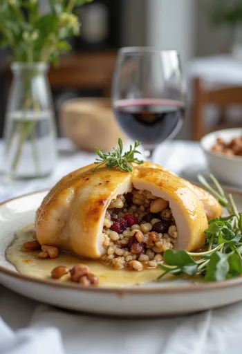 Codorniz rellena con arroz salvaje servida en un plato