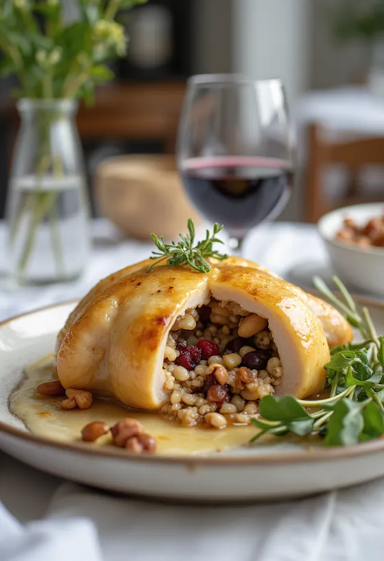 Codorniz rellena con arroz salvaje servida en un plato
