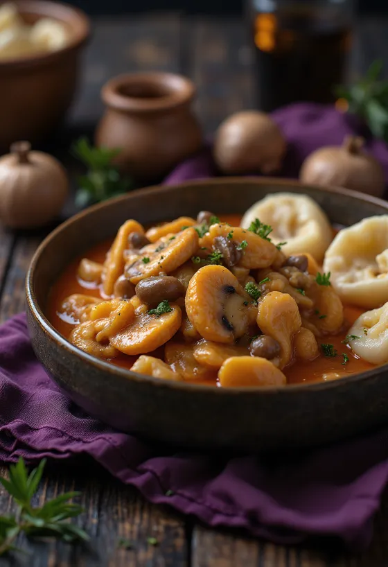 Paprikash de champiñones con crema fresco, servido con 'galuska' (ñoquis húngaros) suaves