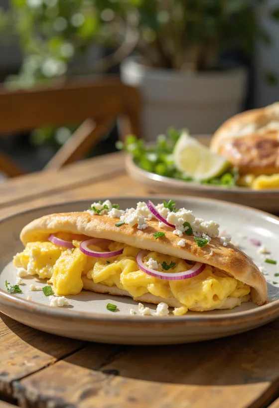 Pita con huevo, feta y verduras frescas