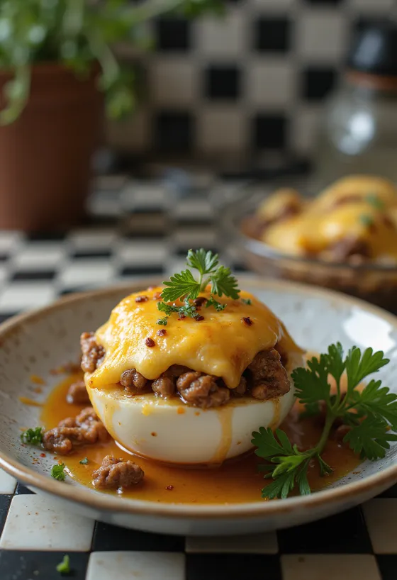 Berenjenas rellenas con queso gratinado y hierbas frescas espolvoreadas