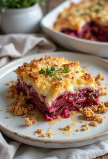 Moussaka vegana de berenjena con betabel