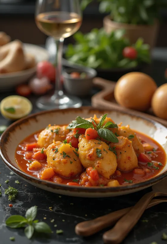 Pollo Cacciatore con papas, servido fresco