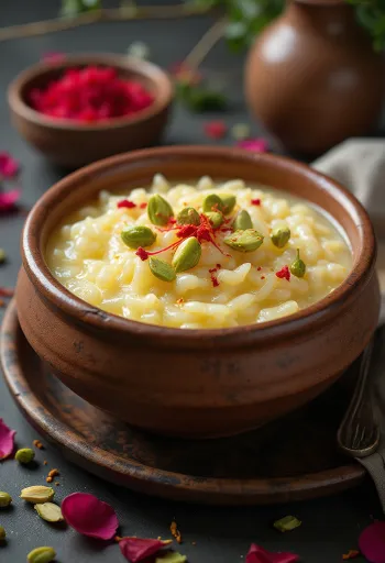 Chaler Payesh servido, rico y especiado dulce de arroz con almendras y agua de rosas